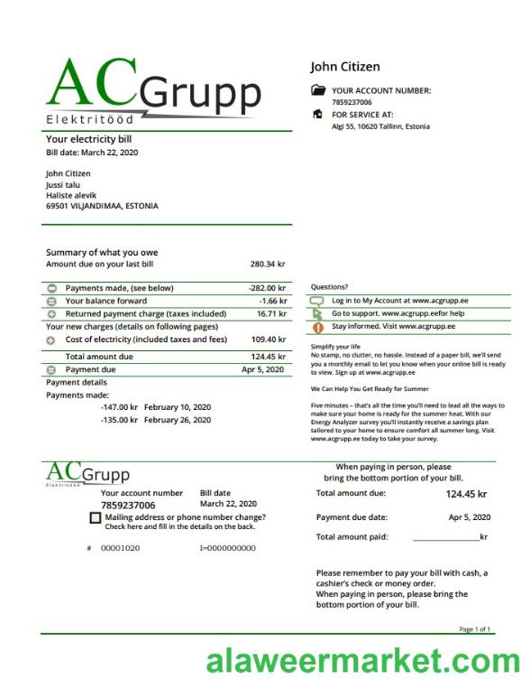 Estonia AC Grupp OU electricity utility bill template in Word and PDF format
